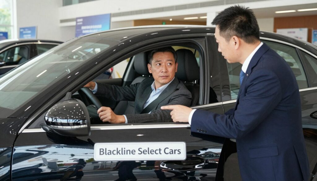 A professional driving test evaluation scene set in a modern car dealership, featuring a sleek black sedan labeled "Blackline Select Cars" prominently in the foreground. A middle-aged man, dressed in smart casual attire, is sitting in the driver’s seat, focused and attentive, while a qualified instructor, wearing professional business attire, sits beside him, pointing out features and controls of the vehicle. In the background, a well-lit dealership with shiny cars on display and banners showcasing their quality can be seen. The lighting is bright and inviting, enhancing the atmosphere of hope and opportunity in the car-buying process. Capture the excitement and seriousness of a driving evaluation, emphasizing the importance of thorough assessment before making a purchase.