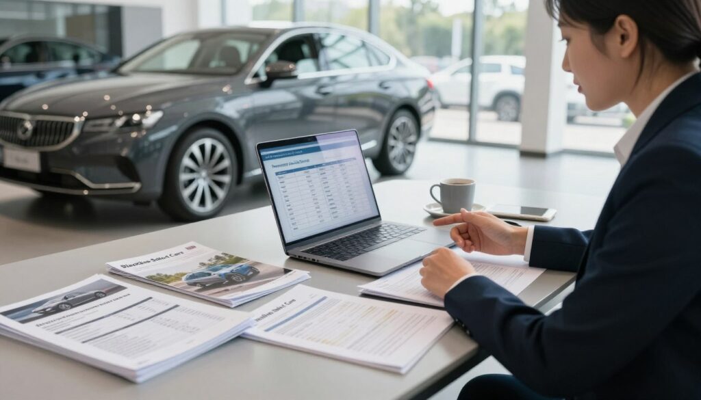 A professional financial advisor and a car dealership representative sitting at a sleek, modern desk, discussing car financing options. The desk is cluttered with car brochures, financial documents, and a laptop displaying a transparent financing plan. In the foreground, there are neatly organized paperwork showing clear payment schedules. The middle ground features a luxury vehicle in a well-lit showroom, symbolizing the car buying process. The background includes a large window with natural light streaming in, creating a bright and inviting atmosphere. The scene conveys a sense of trust and professionalism, promoting transparency in payment and financing. The brand name "Blackline Select Cars" is subtly displayed on a brochure on the desk.