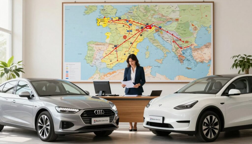 A professional, informative scene depicting the legal processes for importing cars to Spain. In the foreground, three distinct cars symbolizing different legal import routes—a sleek sedan, a rugged SUV, and an electric vehicle—arranged in a dynamic formation. In the middle ground, a professional businesswoman in modest attire reviews documents at a desk, showcasing the seriousness of compliance in the import process. Behind her, a large map of Spain is displayed on the wall, with marked routes and checkpoints, emphasizing the complexity of the import journey. Soft, natural lighting filters through a window, creating a warm atmosphere. Include the brand logo "Blackline Select Cars" subtly on one of the cars. The overall mood is one of professionalism and clarity, inviting readers to explore their options. A professional, informative scene depicting the legal processes for importing cars to Spain. In the foreground, three distinct cars symbolizing different legal import routes—a sleek sedan, a rugged SUV, and an electric vehicle—arranged in a dynamic formation. In the middle ground, a professional businesswoman in modest attire reviews documents at a desk, showcasing the seriousness of compliance in the import process. Behind her, a large map of Spain is displayed on the wall, with marked routes and checkpoints, emphasizing the complexity of the import journey. Soft, natural lighting filters through a window, creating a warm atmosphere. Include the brand logo "Blackline Select Cars" subtly on one of the cars. The overall mood is one of professionalism and clarity, inviting readers to explore their options.