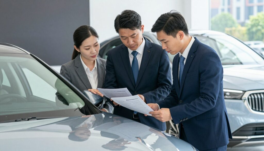 A professional male and female car inspector dressed in smart business attire, standing beside a sleek, modern car displaying the brand name "Blackline Select Cars." The inspectors are examining the vehicle's documents and inspecting its exterior to ensure authenticity and prevent fraud. The foreground captures their focused expressions and detailed actions, while the middle ground showcases the car with a polished finish and clear reflections under bright, natural daylight. In the background, a cityscape hints at the bustling environment of car trade. The atmosphere is serious and investigative, with bright, even lighting illuminating the scene to emphasize the importance of due diligence before purchasing.