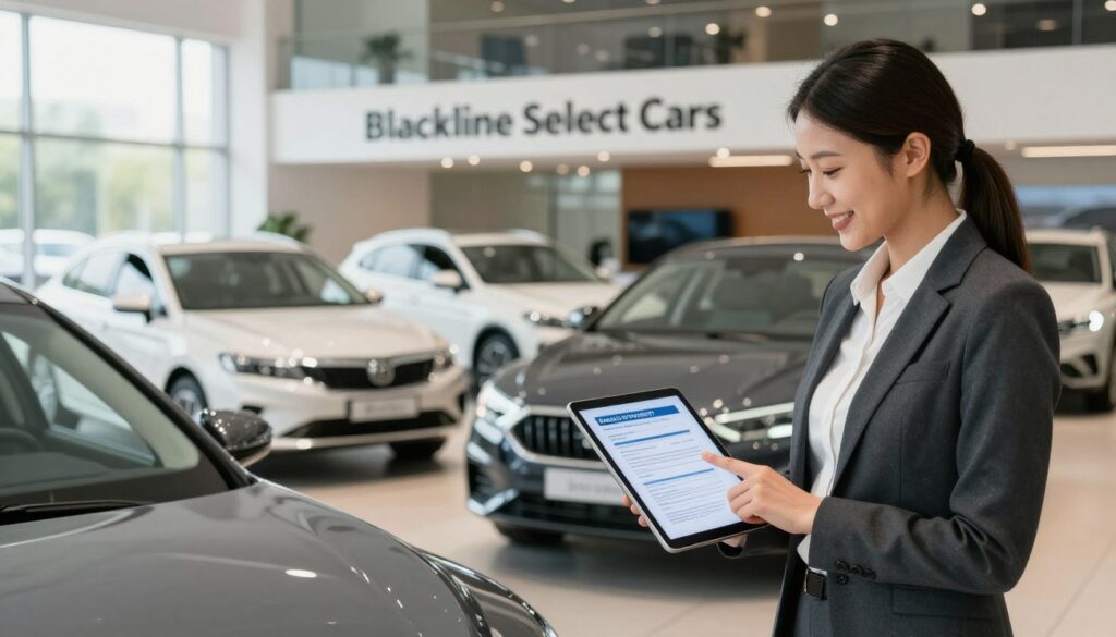 A professional, modern car dealership interior featuring a range of imported used cars, prominently displaying "Blackline Select Cars" branding. In the foreground, a friendly sales representative in business attire points to a car’s warranty information displayed on a sleek tablet. In the middle, various cars are meticulously arranged, showcasing their unique features and quality. The background includes soft lighting that highlights the cars while giving the space a warm, inviting atmosphere. A large window lets in natural light, creating a sense of openness. The overall mood conveys trust and professionalism, focusing on the concept of warranty duration for used imported cars, evoking reliability and quality assurance for potential buyers.