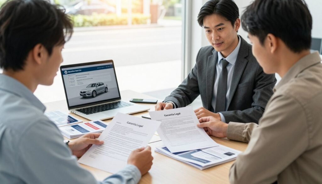 A professional, modern office setting depicting a consultation between a car buyer and a knowledgeable sales representative from Blackline Select Cars. In the foreground, the buyer, dressed in business casual attire, discusses documents like the "Garantía Legal" paperwork with the representative. The middle layer includes a desk cluttered with brochures, contracts, and a laptop displaying vehicle history reports. In the background, large windows reveal a sunny day outside, creating a warm and inviting atmosphere. The lighting is bright and natural, highlighting the details on the documents. Capture the essence of professionalism and trust, emphasizing the importance of legal aspects in purchasing a used car. A professional, modern office setting depicting a consultation between a car buyer and a knowledgeable sales representative from Blackline Select Cars. In the foreground, the buyer, dressed in business casual attire, discusses documents like the "Garantía Legal" paperwork with the representative. The middle layer includes a desk cluttered with brochures, contracts, and a laptop displaying vehicle history reports. In the background, large windows reveal a sunny day outside, creating a warm and inviting atmosphere. The lighting is bright and natural, highlighting the details on the documents. Capture the essence of professionalism and trust, emphasizing the importance of legal aspects in purchasing a used car.