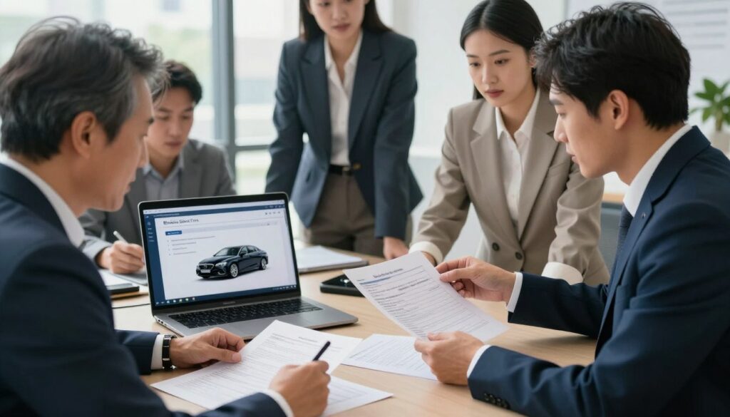 A professional office scene depicting a diverse group of individuals engaged in the complex process of registering an imported car. In the foreground, a middle-aged man in a business suit is reviewing documents on a desk, while a woman in smart casual attire is explaining details from a printed checklist. In the middle ground, an open laptop displays a website for car registration, alongside a model of a luxury car labeled "Blackline Select Cars". The background shows a large window with natural light streaming in, providing a bright and organized office atmosphere. The overall mood is focused and cooperative, capturing the essence of navigating legal paperwork with determination and clarity.