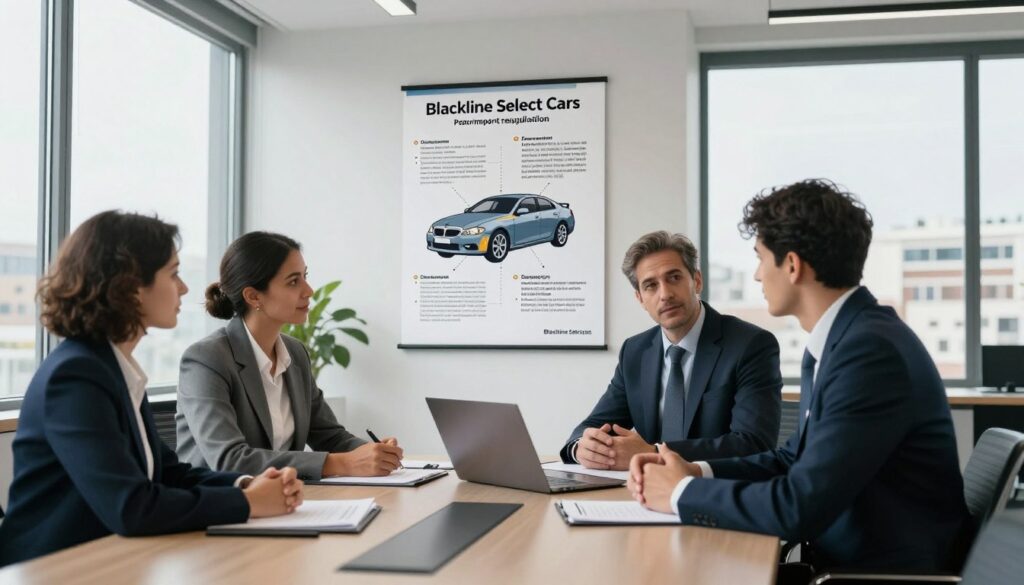 A professional office scene illustrating the legal aspects of car importation. In the foreground, a diverse group of three professionals in business attire are engaged in a discussion around a sleek modern conference table, with documents and a laptop open before them. In the middle, an infographic poster on the wall displays key legal terms and diagrams related to car import regulations in Spain. The background features large windows with a cityscape view, suggesting a corporate environment. The lighting is bright and natural, with soft shadows adding depth, creating a focused and collaborative atmosphere. The brand name "Blackline Select Cars" is subtly incorporated into the décor, enhancing brand presence without overpowering the scene.
