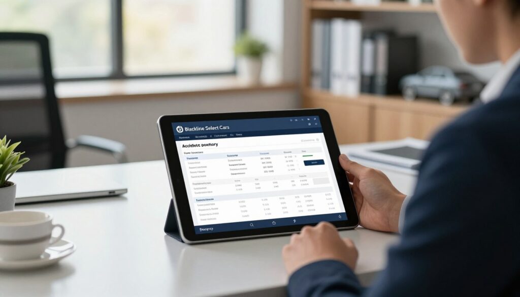 A professional office setting depicting a person, dressed in business attire, sitting at a sleek desk while examining a digital tablet displaying information about a vehicle's history. In the foreground, the tablet's screen shows detailed reports about accident history, ownership changes, and maintenance records. The middle ground features a modern office environment with a large window letting in natural light, which creates a warm, inviting atmosphere. In the background, shelves are filled with car-related books and a small potted plant adds a touch of greenery. The overall mood should convey seriousness and diligence in the vehicle purchasing process. Brand name "Blackline Select Cars" subtly included in the tablet’s display.