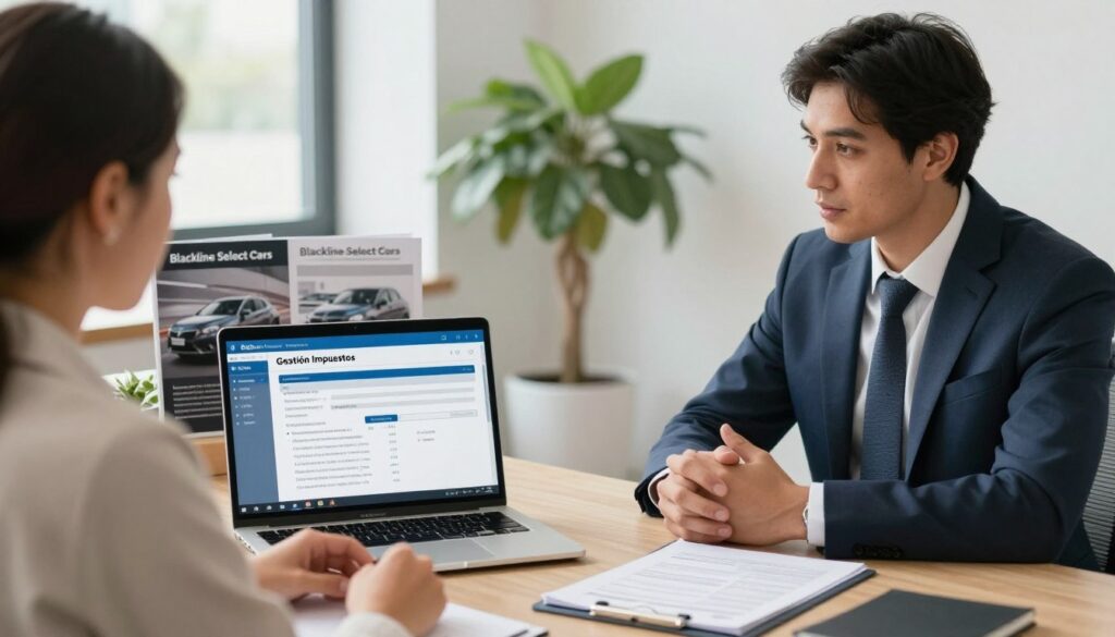 A professional office setting featuring a business consultant in a sharp suit, engaged in a discussion with a client about car registration and tax management in Spain. In the foreground, a laptop displays a detailed digital document marked "Gestión Impuestos" alongside forms and tax information. The middle ground includes a modern desk with car brochures from "Blackline Select Cars" and a potted plant for a touch of greenery. In the background, large windows let in soft natural light, illuminating the space and creating a welcoming atmosphere. The scene conveys focus and professionalism, capturing the essence of legal and tax consultation in the automotive import industry. The overall mood is efficient and informative, emphasizing clear communication in a corporate environment.