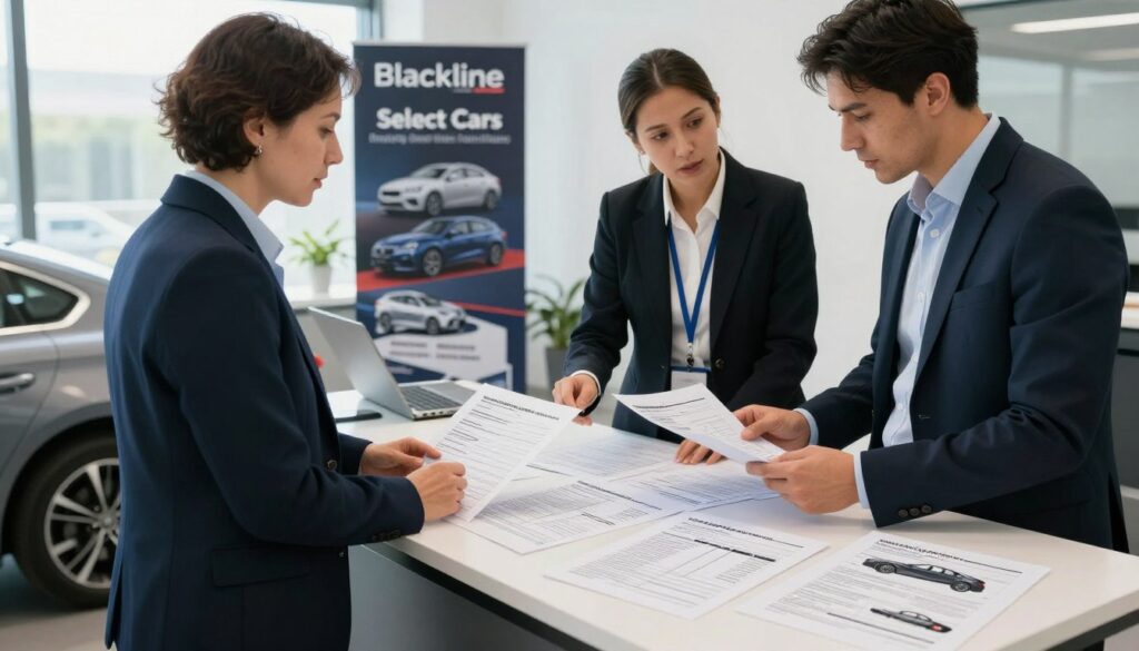 A professional office setting showcasing a detailed discussion on the homologation and technical requirements for imported cars in Spain. In the foreground, a well-dressed consultant in business attire stands beside a sleek, modern imported car, examining a technical document. The middle layer features a large table filled with car specifications, diagrams, and homologation charts. In the background, a wall displays a poster of the Blackline Select Cars logo, emphasizing quality and compliance. Soft, natural lighting pours in from a large window, highlighting the professionalism of the setting. The atmosphere is focused and industrious, perfect for a thorough consultation on vehicle importation. The overall composition maintains clarity and relevance to the subject matter, ensuring an engaging visual experience.
