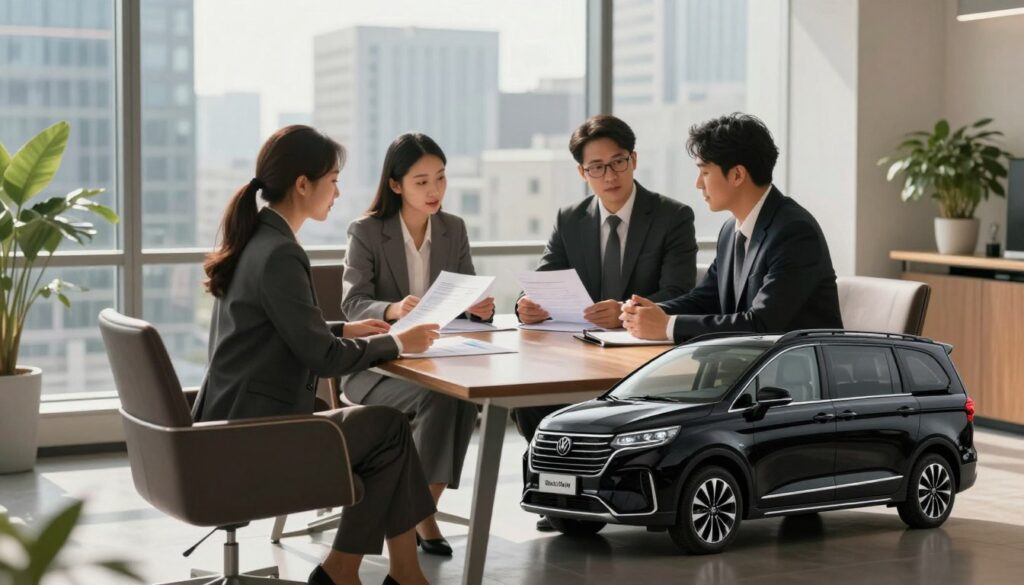 A professional office setting showcasing a sleek Blackline Select Cars vehicle prominently in the foreground, conveying the essence of vehicle financing and renting options. The middle ground features business professionals in smart attire discussing financial documents and plans around a large modern wooden table. Behind them, an expansive window reveals a bustling cityscape, symbolizing economic activity and opportunity. Soft, natural lighting filters through, casting a warm glow on the scene, emphasizing professionalism and trust. The atmosphere is focused and collaborative, highlighting key elements of vehicle financing and renting services for businesses. The composition focuses on clarity and detail, ensuring every element contributes to the theme of professional vehicle solutions.