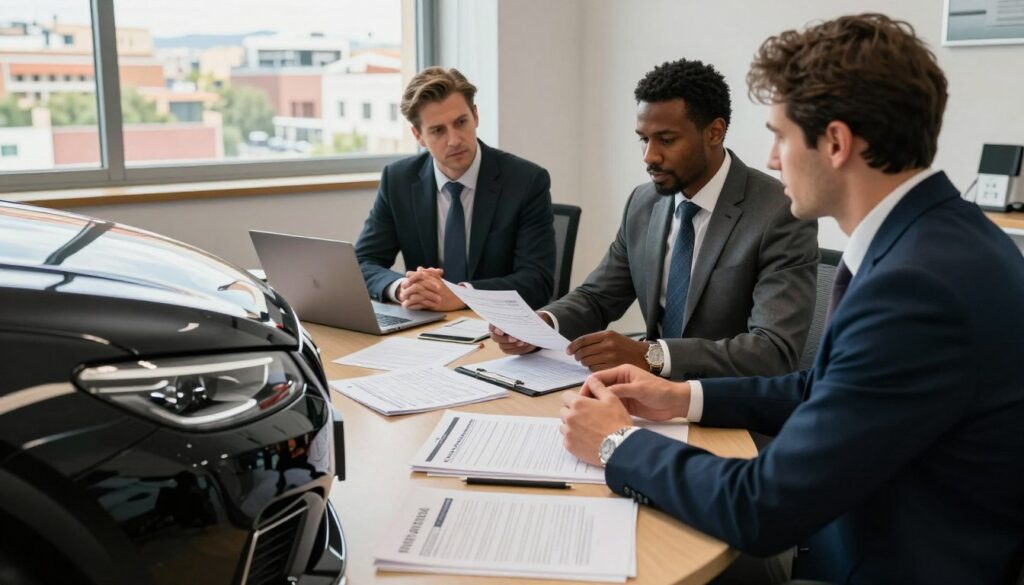 A professional office setting with a focus on car importation processes, showing a diverse team of three individuals in business attire engaged in a discussion. In the foreground, a sleek Blackline Select Cars vehicle is prominently displayed, symbolizing imported cars. The middle ground features a table cluttered with essential paperwork like customs forms, registration documents, and a laptop showing a relevant website. The background includes a large window with natural light illuminating the space, showcasing a cityscape of Spain. The atmosphere is serious yet collaborative, conveying the importance of understanding essential procedures for importing a car. Soft, warm lighting enhances the professionalism of the scene while highlighting the intricacies of international vehicle importation.