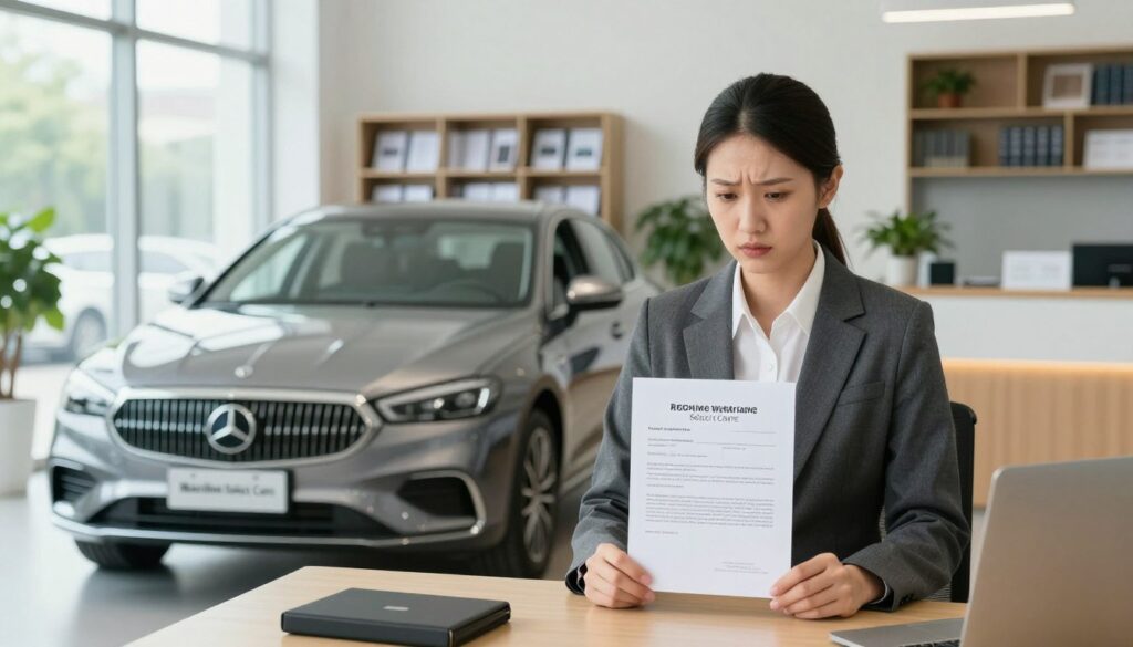 A professional office setting with a focus on customer service. In the foreground, a well-dressed businesswoman in a crisp suit stands confidently at a desk, holding an import car warranty document, displaying a concerned yet determined expression. The middle ground showcases a sleek imported car, branded "Blackline Select Cars," parked beside an open window where natural light floods in, illuminating the scene. The background includes shelves filled with automotive manuals and a modern reception area, complete with potted plants and soft ambient lighting. The atmosphere is one of professionalism, clarity, and purpose, emphasizing the importance of addressing hidden faults in imported vehicles effectively.