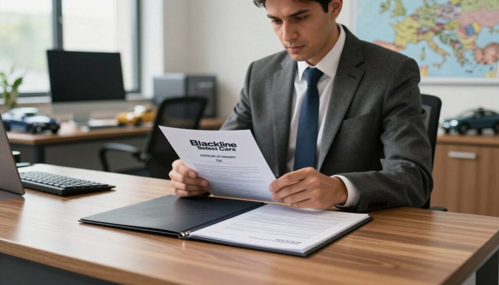 A professional office setting with a sleek wooden desk in the foreground, featuring an open folder displaying a Certificate of Conformity (CoC) document from "Blackline Select Cars". In the middle, a businessman in a tailored suit examines the document closely, showcasing a mix of interest and concentration. The background reveals a well-organized workspace with a computer, car models, and a map of Europe, symbolizing the import process. Soft, natural light filters through a large window, casting gentle shadows that add depth to the scene. The atmosphere is one of professionalism and clarity, reflecting the technical aspects of homologation and compliance in car importing. No text, watermarks or signatures present.
