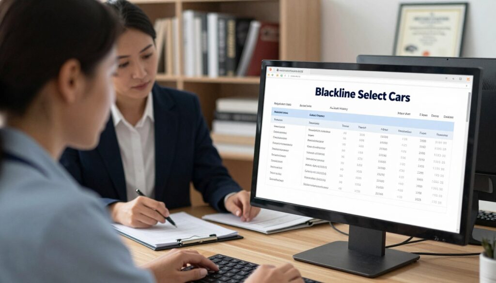 A professional office setting with a wooden desk in the foreground, where a computer screen displays a detailed vehicle history report for a car from "Blackline Select Cars." The report shows various administrative details like registration status, accident history, and service records, clearly visible on the screen. In the middle ground, there is a focused business professional in smart attire, a caregiver type, intently analyzing the data on the screen, surrounded by papers and a pen. The background includes a shelf filled with automotive books and a certificate of excellence, with soft natural lighting illuminating the scene. The mood is serious and informative, highlighting the importance of checking a vehicle’s history.