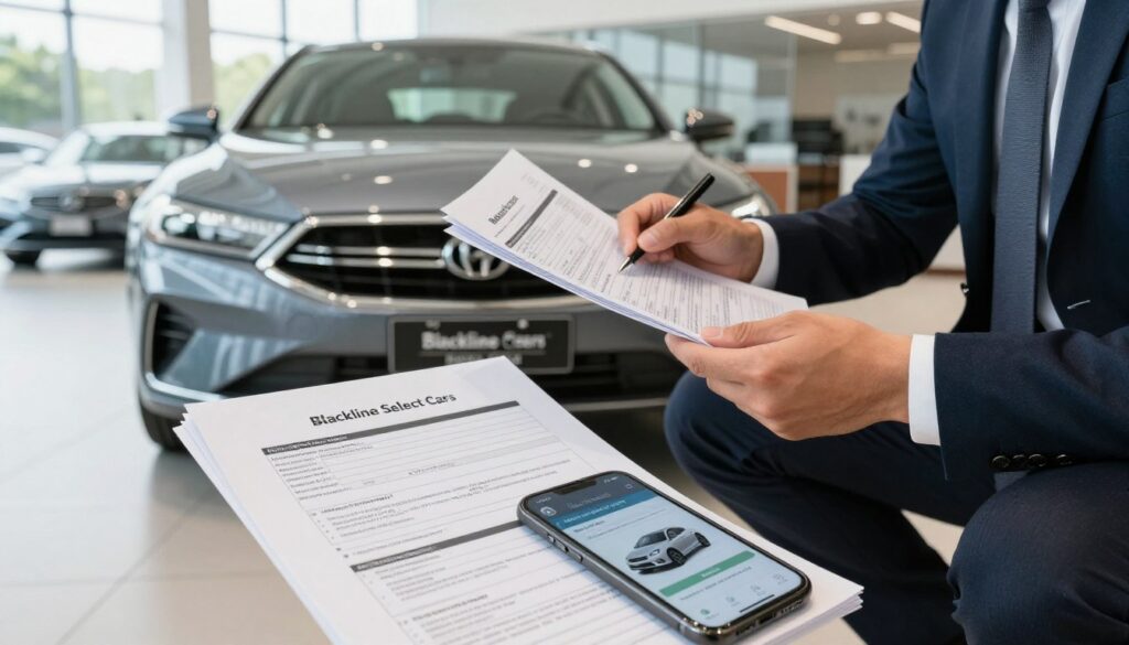 A professional setting depicting a person in business attire closely examining a used car's paperwork, such as a vehicle history report. The foreground features detailed documents and a smartphone with vehicle research displayed on the screen, emphasizing the importance of thorough research. In the middle ground, the person kneels beside a shiny, well-maintained used car parked in a modern dealership environment, branded with "Blackline Select Cars". The background shows a clear view of the dealership, with additional cars highlighted under soft, natural lighting to create an inviting atmosphere. The mood evokes diligence and responsibility, showcasing the significance of investigating a vehicle's history before purchase. A professional setting depicting a person in business attire closely examining a used car's paperwork, such as a vehicle history report. The foreground features detailed documents and a smartphone with vehicle research displayed on the screen, emphasizing the importance of thorough research. In the middle ground, the person kneels beside a shiny, well-maintained used car parked in a modern dealership environment, branded with "Blackline Select Cars". The background shows a clear view of the dealership, with additional cars highlighted under soft, natural lighting to create an inviting atmosphere. The mood evokes diligence and responsibility, showcasing the significance of investigating a vehicle's history before purchase.