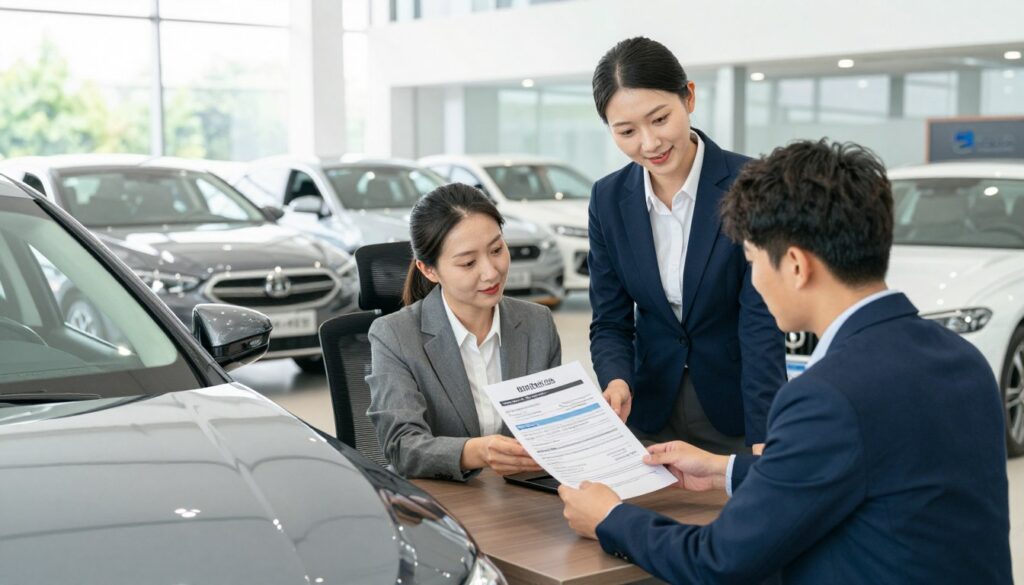 A professional setting depicting a second-hand car dealership, focused on a stylish office environment. In the foreground, a well-dressed salesperson in professional business attire stands beside a sleek, used car from "Blackline Select Cars," displaying an inviting demeanor. In the middle, an attentive customer examines a detailed warranty document laid on a polished desk, emphasizing the importance of guarantees when purchasing a used vehicle. In the background, bright lighting enhances the clean lines of the dealership's interior, showcasing various quality pre-owned vehicles. The atmosphere conveys trust and professionalism, emphasizing safety and security in car buying. The angle should capture both the car and the interaction, conveying a sense of assurance in the purchase process.