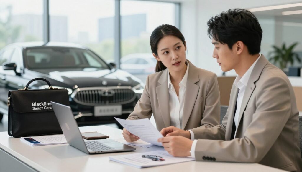 A professional setting depicting an elegant office environment where a couple is discussing the purchase of an imported car, with a focus on one of their key investments, a sleek luxury vehicle from "Blackline Select Cars." In the foreground, the couple is dressed in modest business attire, consulting documents and a laptop, displaying an air of seriousness and focus. The middle ground features a modern desk with automotive brochures and a high-end leather briefcase. The background shows a large window with natural light streaming in, revealing a city skyline. The mood is professional yet reassuring, emphasizing the importance of thoroughness and protection in car investment decisions, captured with soft, diffused lighting for an inviting atmosphere.