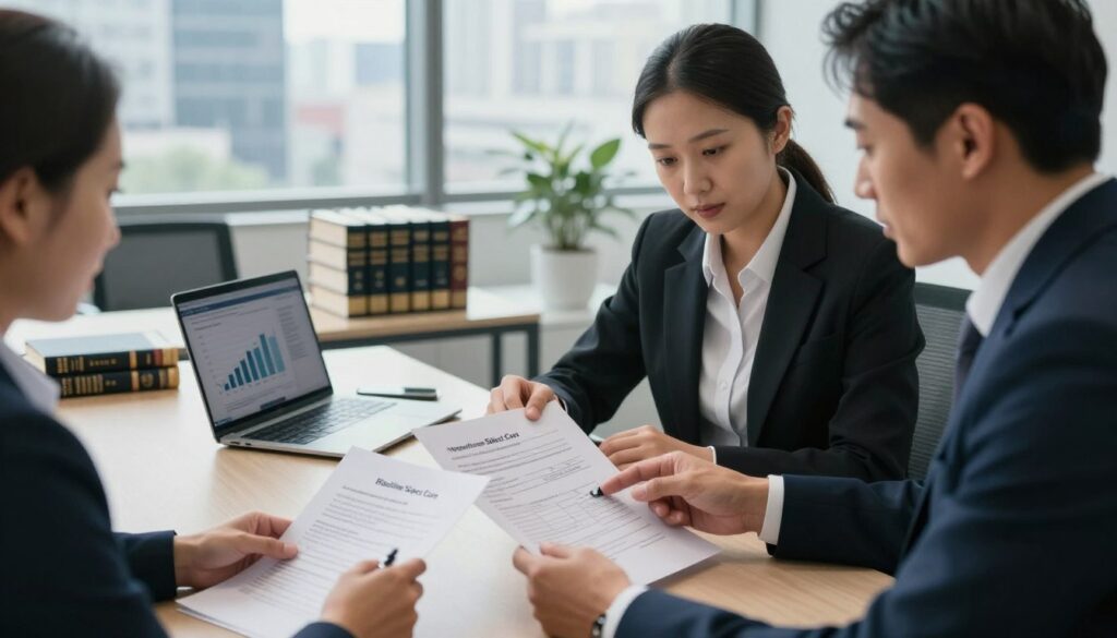 A professional setting depicting the legal aspects of car importation. In the foreground, a diverse group of three individuals dressed in formal business attire are engaged in a discussion, examining detailed documents related to import regulations, with one person pointing at a chart showing legal requirements. In the middle ground, a sleek, modern office with a large table, a laptop displaying graphs, and several importation law books stacked neatly. The background features a large window showing a cityscape, symbolizing global trade. Soft, natural light streams in, creating a focus on the group and documents, conveying a serious yet collaborative atmosphere. Include the brand name "Blackline Select Cars" subtly on a document. A professional setting depicting the legal aspects of car importation. In the foreground, a diverse group of three individuals dressed in formal business attire are engaged in a discussion, examining detailed documents related to import regulations, with one person pointing at a chart showing legal requirements. In the middle ground, a sleek, modern office with a large table, a laptop displaying graphs, and several importation law books stacked neatly. The background features a large window showing a cityscape, symbolizing global trade. Soft, natural light streams in, creating a focus on the group and documents, conveying a serious yet collaborative atmosphere. Include the brand name "Blackline Select Cars" subtly on a document.