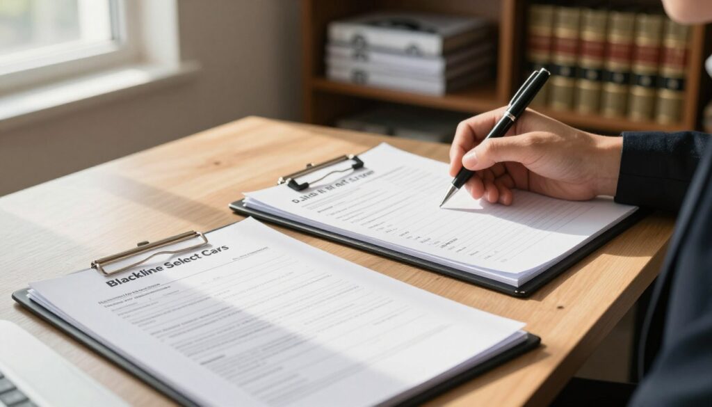 A professional setting featuring a neatly arranged desk with a variety of documents related to the legal processes of purchasing a used car. In the foreground, an open folder labeled "Blackline Select Cars" displays a bill of sale, title transfer forms, and a vehicle history report. The middle layer includes a hand holding a pen above a checklist for necessary legal documents, emphasizing organization and diligence. In the background, a softly blurred office scene reveals shelves filled with car manuals and law books, creating an authoritative atmosphere. Natural light streams in through a window, casting a warm glow, while a shallow depth of field focuses sharply on the documents, conveying a sense of importance and thoroughness in the vehicle buying process. A professional setting featuring a neatly arranged desk with a variety of documents related to the legal processes of purchasing a used car. In the foreground, an open folder labeled "Blackline Select Cars" displays a bill of sale, title transfer forms, and a vehicle history report. The middle layer includes a hand holding a pen above a checklist for necessary legal documents, emphasizing organization and diligence. In the background, a softly blurred office scene reveals shelves filled with car manuals and law books, creating an authoritative atmosphere. Natural light streams in through a window, casting a warm glow, while a shallow depth of field focuses sharply on the documents, conveying a sense of importance and thoroughness in the vehicle buying process.