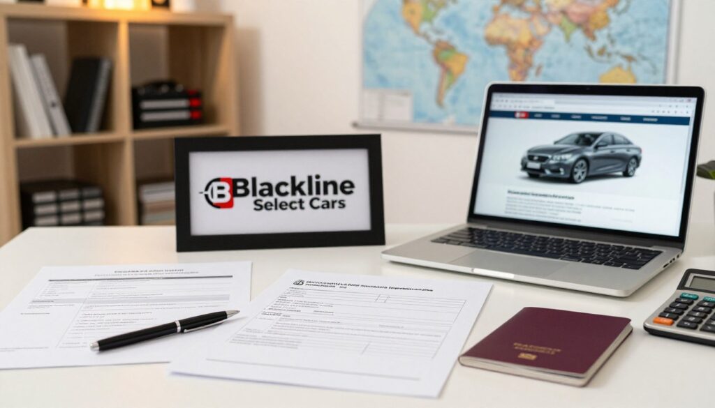A professional setting focused on "documentación necesaria importación coche." In the foreground, a neatly organized tabletop displays various importation documents like customs forms, checklists, and a passport, accented with a pen and a calculator. In the middle, a framed logo of "Blackline Select Cars" is visible beside a laptop showing a car importation website. The background features a warm, softly illuminated office with a bookshelf containing automotive manuals and a world map, conveying a sense of global reach. The lighting is bright and inviting, creating a focused atmosphere suitable for a business environment. The overall mood is informative and professional, ideal for a comprehensive guide on car importation documentation. A professional setting focused on "documentación necesaria importación coche." In the foreground, a neatly organized tabletop displays various importation documents like customs forms, checklists, and a passport, accented with a pen and a calculator. In the middle, a framed logo of "Blackline Select Cars" is visible beside a laptop showing a car importation website. The background features a warm, softly illuminated office with a bookshelf containing automotive manuals and a world map, conveying a sense of global reach. The lighting is bright and inviting, creating a focused atmosphere suitable for a business environment. The overall mood is informative and professional, ideal for a comprehensive guide on car importation documentation.