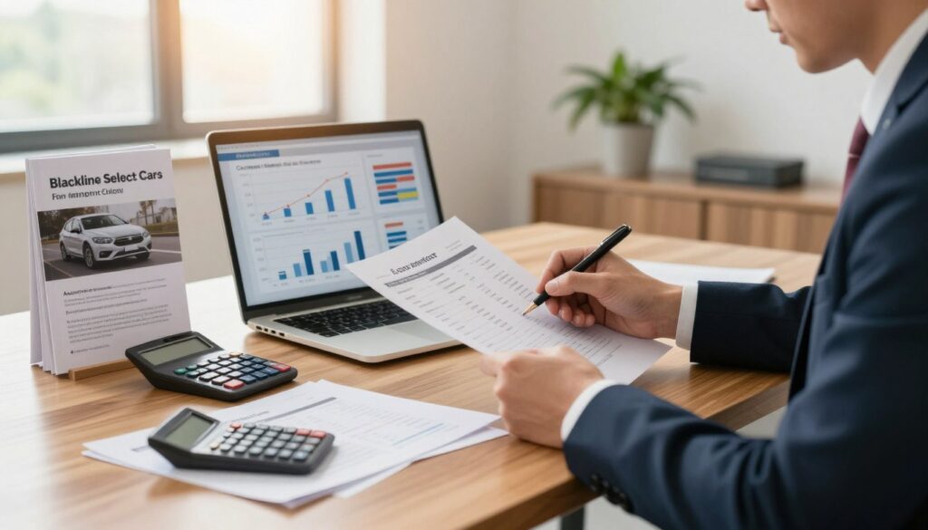A professional setting illustrating cost-saving tips for importing a car, featuring a well-dressed consultant reviewing documents at a sleek wooden desk. In the foreground, organized papers and a calculator reflect detailed calculations. In the middle ground, a laptop displays infographics about cost reduction, with graphs showcasing import timelines and fees. The background hints at an elegant office environment, with a large window letting in soft, warm sunlight, creating a welcoming atmosphere. The room has minimalistic decor and a potted plant to enhance the professional mood. Prominently displayed on the desk, a brochure for "Blackline Select Cars" emphasizes their services in car importation. The overall composition should feel informative and motivational, encouraging smart financial choices. A professional setting illustrating cost-saving tips for importing a car, featuring a well-dressed consultant reviewing documents at a sleek wooden desk. In the foreground, organized papers and a calculator reflect detailed calculations. In the middle ground, a laptop displays infographics about cost reduction, with graphs showcasing import timelines and fees. The background hints at an elegant office environment, with a large window letting in soft, warm sunlight, creating a welcoming atmosphere. The room has minimalistic decor and a potted plant to enhance the professional mood. Prominently displayed on the desk, a brochure for "Blackline Select Cars" emphasizes their services in car importation. The overall composition should feel informative and motivational, encouraging smart financial choices.
