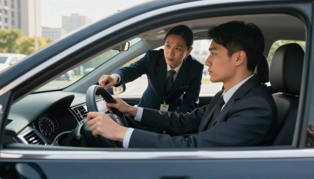 A professional setting showcasing a driving test for a second-hand car, specifically featuring a sleek Blackline Select Cars vehicle. In the foreground, a well-dressed person in business attire is engaged in driving, displaying a focused expression. In the middle ground, a car instructor, also in professional attire, points out various features and gauges, illustrating a thorough inspection during the test drive. The background features a sunlit urban environment, with clear skies and soft shadows cast by the nearby buildings, enhancing the feeling of a bright, confident day. The scene captures an atmosphere of professionalism and diligence, with natural lighting to create a warm yet serious mood. The composition is shot from an angled perspective to emphasize the action of the test drive while keeping the focus on the vehicle.
