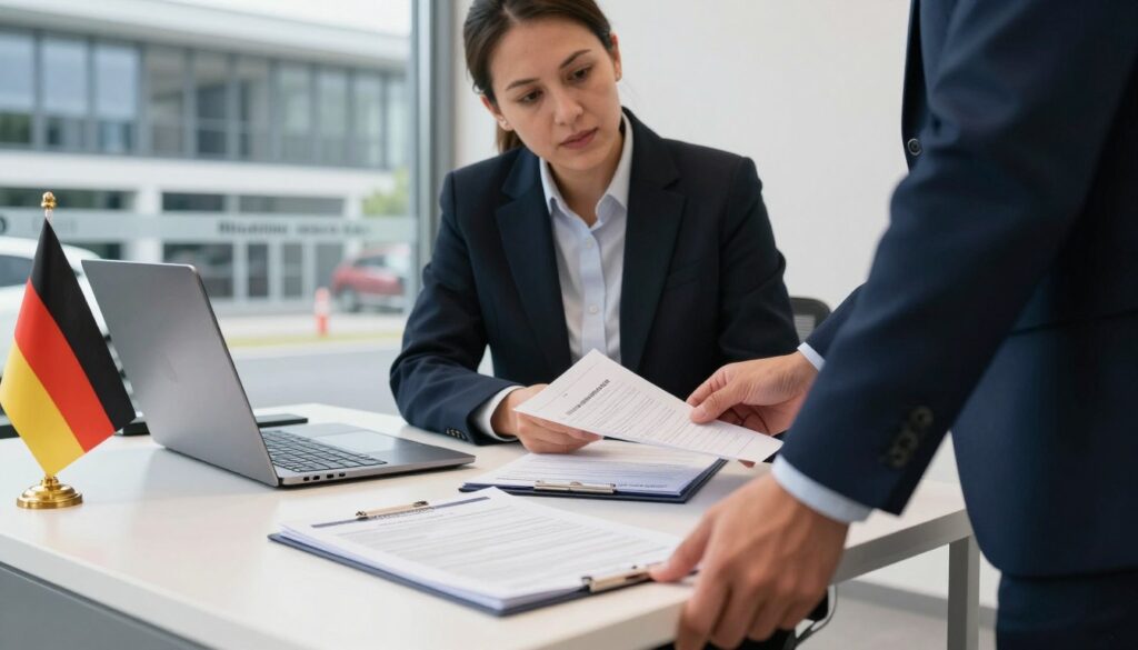 A professional setting showcasing the vehicle registration process in Germany. In the foreground, a neatly arranged desk features documents, a laptop, and a German flag, symbolizing the bureaucratic aspect of car importation. The middle ground includes a person in business attire, attentively discussing with a professional consultant, both focused on the paperwork. The background captures a glimpse of a modern government building with large windows and subtle branding of "Blackline Select Cars" visible on the desk items. Soft, natural lighting illuminates the scene, creating a productive and formal atmosphere. The camera angle is slightly angled downwards, giving depth to the interaction and emphasizing the importance of the registration process. The mood is professional and focused, reflecting the significance of smoothly importing a vehicle from Germany to the EU. A professional setting showcasing the vehicle registration process in Germany. In the foreground, a neatly arranged desk features documents, a laptop, and a German flag, symbolizing the bureaucratic aspect of car importation. The middle ground includes a person in business attire, attentively discussing with a professional consultant, both focused on the paperwork. The background captures a glimpse of a modern government building with large windows and subtle branding of "Blackline Select Cars" visible on the desk items. Soft, natural lighting illuminates the scene, creating a productive and formal atmosphere. The camera angle is slightly angled downwards, giving depth to the interaction and emphasizing the importance of the registration process. The mood is professional and focused, reflecting the significance of smoothly importing a vehicle from Germany to the EU.