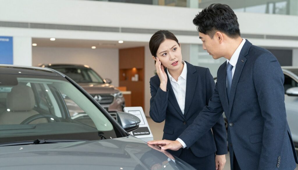 A professional setting showing a car sales representative engaging with a potential buyer. In the foreground, depict a well-dressed man and woman, both in business attire, examining a sleek, modern car with the brand name "Blackline Select Cars" prominently displayed on it. The scene conveys a sense of caution, with the buyer attentively inspecting the vehicle for any signs of alarm, such as subtle indicators of wear. The middle ground features an open dealership with pristine, well-lit conditions, highlighting various cars on display. The background includes a welcoming reception area, with warm lighting creating a friendly atmosphere. The image should evoke feelings of trust and professionalism, suitable for someone determined to make a smart purchase.