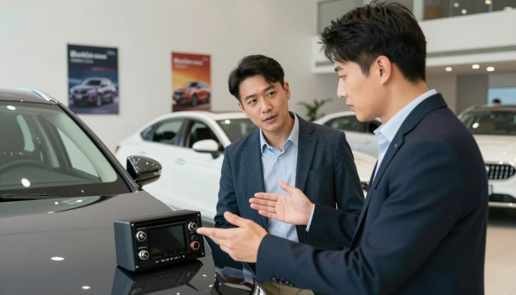 A professional setting showing a detailed interaction between a car salesperson and a potential buyer, focused on discussing "second-hand car equipment." In the foreground, the salesperson, dressed in business attire, is gesturing towards a polished second-hand car, showcasing features like advanced stereo systems and safety packages. The buyer, wearing modest casual clothing, looks intrigued and engaged. In the middle, a clean, well-lit car dealership interior is visible, with posters of "Blackline Select Cars" on the walls. The background includes various cars, emphasizing quality and choice. Soft diffused lighting enhances the professional atmosphere, while a slight angle emphasizes the interaction. The mood is informative and trusting, conveying a sense of professionalism and confidence in the buying process. A professional setting showing a detailed interaction between a car salesperson and a potential buyer, focused on discussing "second-hand car equipment." In the foreground, the salesperson, dressed in business attire, is gesturing towards a polished second-hand car, showcasing features like advanced stereo systems and safety packages. The buyer, wearing modest casual clothing, looks intrigued and engaged. In the middle, a clean, well-lit car dealership interior is visible, with posters of "Blackline Select Cars" on the walls. The background includes various cars, emphasizing quality and choice. Soft diffused lighting enhances the professional atmosphere, while a slight angle emphasizes the interaction. The mood is informative and trusting, conveying a sense of professionalism and confidence in the buying process.