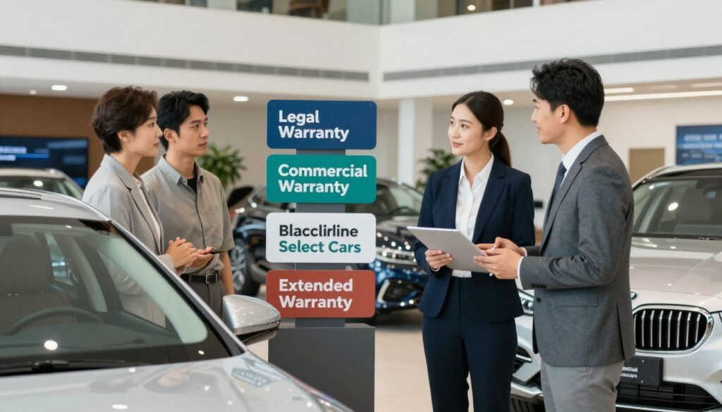 A professional, sleek automotive showroom featuring several certified used cars from "Blackline Select Cars". In the foreground, a friendly sales representative in business attire is explaining warranty options to a couple, who are nodding in curiosity. In the middle, three distinct signs highlight "Legal Warranty", "Commercial Warranty", and "Extended Warranty", artistically designed for clarity. The background showcases a modern, well-lit showroom with shiny cars and customer-friendly decor. The lighting is bright and inviting, illuminating the vehicles' polished exteriors. Capture the mood of confidence and trust in purchasing a used car, creating an atmosphere that emphasizes the security of comprehensive warranties, all while ensuring a focused, professional context. No text or watermarks included.
