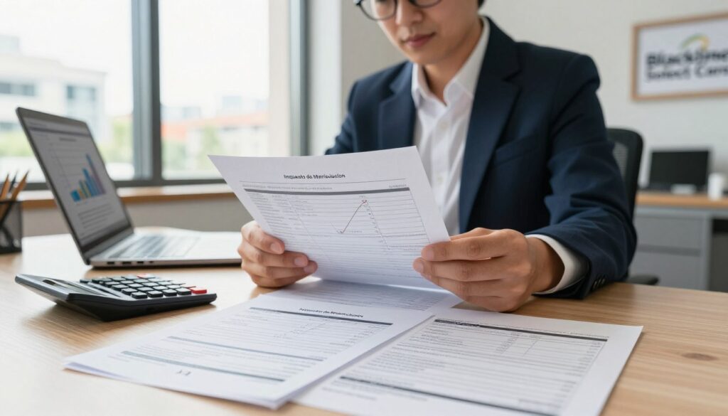 A professional tax consultant in a modern office setting, examining paperwork related to vehicle import taxes. In the foreground, a detailed view of documents labeled “IVA” and “Impuesto de Matriculación” spread across a desk, with a calculator and a laptop displaying graphs related to automobile taxes. In the middle, a focused consultant, wearing professional attire, is reviewing the documents with a look of concentration. In the background, a large window reveals a sunny day outside, hinting at an urban landscape. Soft, natural lighting highlights the scene, creating a warm and inviting atmosphere. To the side, a framed logo of "Blackline Select Cars" is subtly included, reinforcing the theme of vehicle importation.
