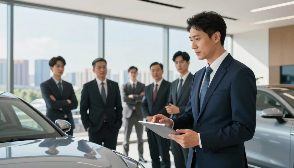 A professional team from Blackline Select Cars, dressed in smart business attire, stands in an elegantly designed office setting. In the foreground, a confident agent discusses a sleek, luxury car model on a modern tablet, showcasing the intricacies of the import process. The middle background features a large window revealing a bright, sunny day with a vibrant cityscape, symbolizing global connectivity. Soft, natural lighting floods the room, enhancing the professionalism and trustworthiness of the company. The atmosphere conveys reliability and expertise, emphasizing the importance of specialized assistance in importing vehicles. The overall composition should evoke a sense of professionalism and confidence in the service provided.