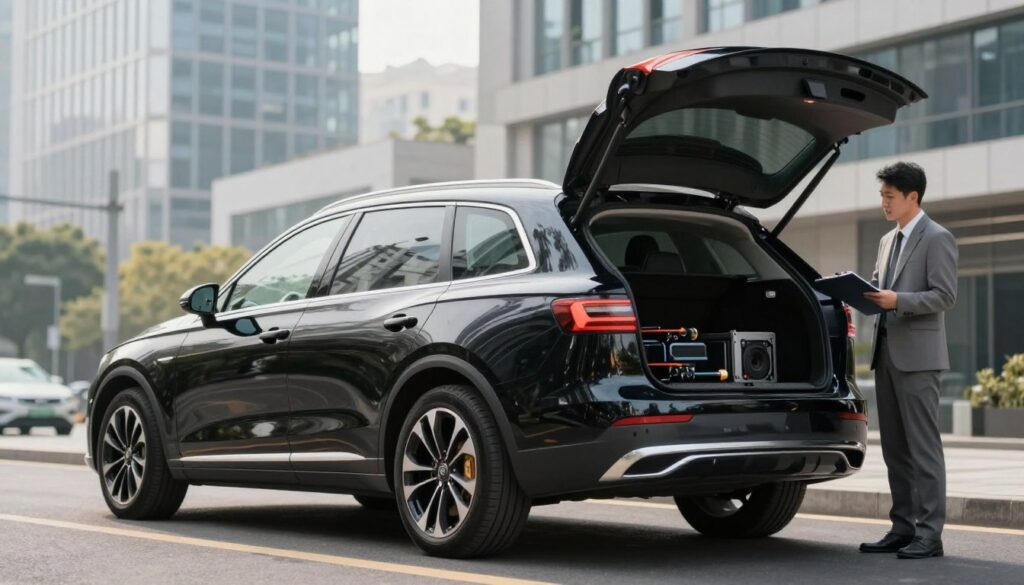 A professional vehicle designed for optimal load capacity, prominently showcasing a sleek Blackline Select Cars model, parked on a modern urban street. In the foreground, emphasize the vehicle's sturdy build and spacious cargo area, perhaps with a partially open trunk displaying high-tech equipment or tools. The middle ground should include a business professional in smart attire, inspecting the vehicle with a clipboard, reflecting a keen focus on logistical efficiency. In the background, depict a bustling cityscape, with office buildings under soft, diffused daylight, creating a productive atmosphere. Use a slight low-angle perspective to convey the vehicle's robust presence. The overall mood should be dynamic and purpose-driven, capturing the essence of choosing the right professional car for various business needs.