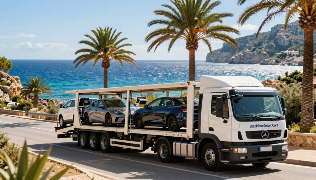 A professional vehicle transport scene on the vibrant, sunlit island of Mallorca. In the foreground, showcase a sleek, modern transport truck branded with "Blackline Select Cars," loaded with a variety of high-end vehicles. The middle ground should include a picturesque coastal road with palm trees swaying gently in the breeze, hinting at the island’s beauty. In the background, the sparkling Mediterranean Sea glistens under a bright blue sky, framed by the rugged, sunny landscape of Mallorca. Soft, natural lighting emphasizes the details of the vehicles and the truck. The atmosphere should convey a sense of efficiency, reliability, and the excitement of importing a vehicle to the idyllic island. No human figures are included to maintain focus on the transport theme.