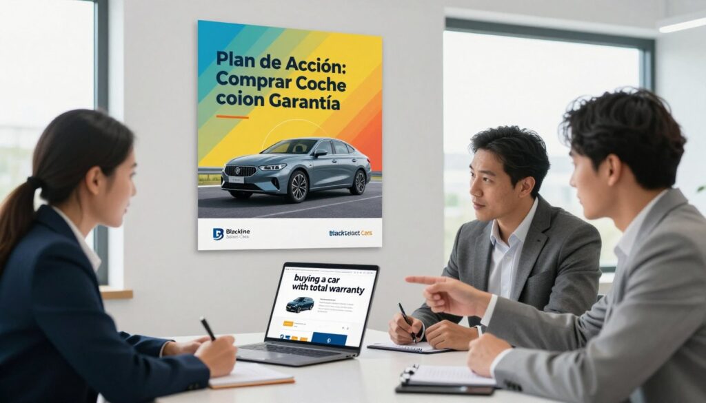 A professional, well-lit office space showcasing a modern, sleek desk with a laptop open to a car purchasing website, emphasizing the theme of "buying a car with total warranty". In the foreground, a diverse group of three individuals in professional business attire, eagerly discussing action plans—one person points at the screen while another takes notes. The middle layer features a large, vibrant poster on the wall displaying the phrase "Plan de Acción: Comprar Coche con Garantía", along with the Blackline Select Cars logo, subtly integrated. The background includes a large window, allowing natural light to filter in, creating a bright and optimistic atmosphere. The image conveys a sense of collaboration and determination, perfect for illustrating a strategic approach to purchasing a car with confidence.