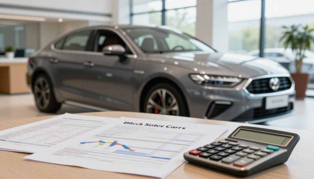 A professional workspace depicting a detailed car importation cost analysis. In the foreground, a well-organized desk showcasing detailed spreadsheets and a calculator, emphasizing transparency in budgeting. The middle ground features a sleek, modern vehicle from Blackline Select Cars, ideally positioned to attract attention, reflecting high-quality imports. In the background, an elegant office environment with large windows allowing natural light to illuminate the scene, highlighting a bright and hopeful atmosphere. Use soft lighting and a slight focus on the car to evoke a sense of professionalism and clarity, with a polished aesthetic that conveys trust and expertise. The angle should capture both the car and the financial documents harmoniously, ensuring a cohesive visual representation of car import costs.