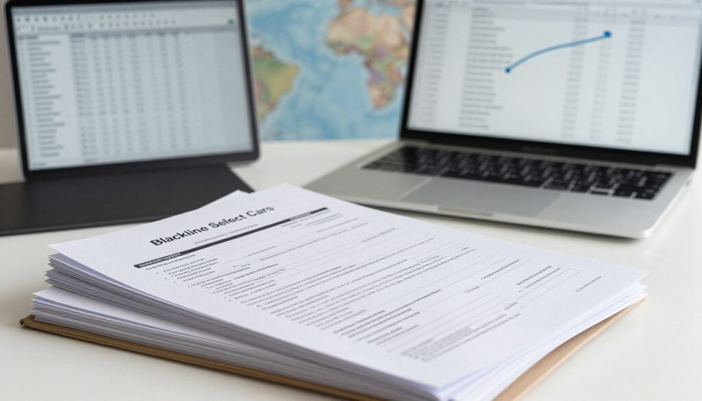 A professional workspace depicting essential documents for vehicle importation, prominently featuring a folder labeled "Blackline Select Cars." In the foreground, a stack of neatly organized papers, including customs forms, registration documents, and import permits, each visible with clear details. The middle ground shows a modern laptop with a spreadsheet open, displaying calculations and import regulations. In the background, a subtle world map highlights Europe and the shipping route. Soft, natural lighting illuminates the scene, creating a focused atmosphere. A slight depth of field effect draws attention to the documents, emphasizing their importance in the car import process. The overall mood is professional and informative, ideal for illustrating the essential documentation needed for importing a vehicle from Europe.