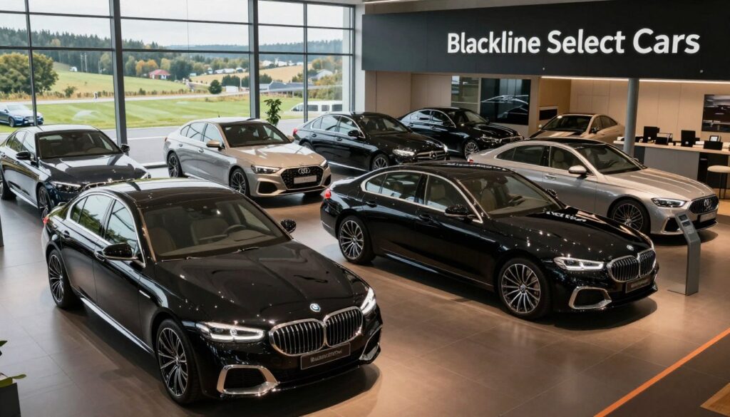 A professionally curated car showroom showcasing a variety of sleek, modern German vehicles, prominently featuring “Blackline Select Cars” branding. In the foreground, a shiny black luxury car gleams under warm spotlights, emphasizing its elegant curves and high-quality finish. In the middle ground, various models from popular German brands like BMW, Audi, and Mercedes-Benz are arranged artfully, creating an inviting atmosphere. The background features a large window revealing a picturesque German landscape, highlighting the essence of European automobile craftsmanship. The lighting is soft yet vibrant, creating an upscale ambiance, while the angle captures the showroom's depth and sophistication. The mood is inspiring and aspirational, conveying the economic advantages of importing quality vehicles from Germany.