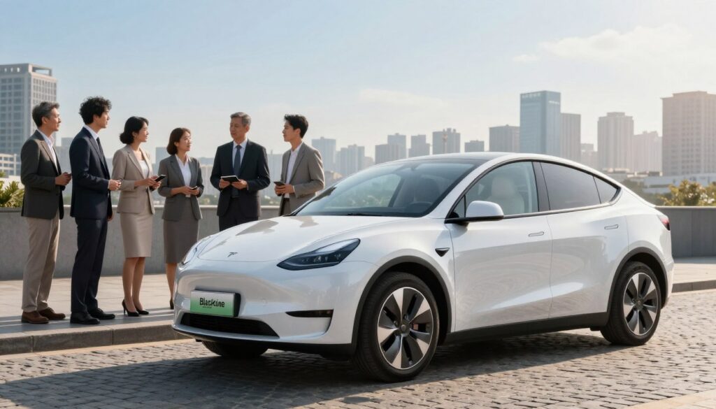 A reliable used electric vehicle showcased prominently in the foreground, highlighting its sleek, modern design and clean lines. The vehicle, a model from Blackline Select Cars, is parked on a cobblestone street, emphasizing its urban setting. In the middle ground, a diverse group of professionals, dressed in smart business attire, are engaged in a lively discussion about the benefits of used electric mobility, reflecting a sense of enthusiasm and innovation. The background features a bright city skyline under a clear blue sky with soft sunlight casting gentle shadows, adding warmth to the scene. The overall atmosphere is optimistic and forward-thinking, conveying a sense of trust in the future of sustainable transportation.