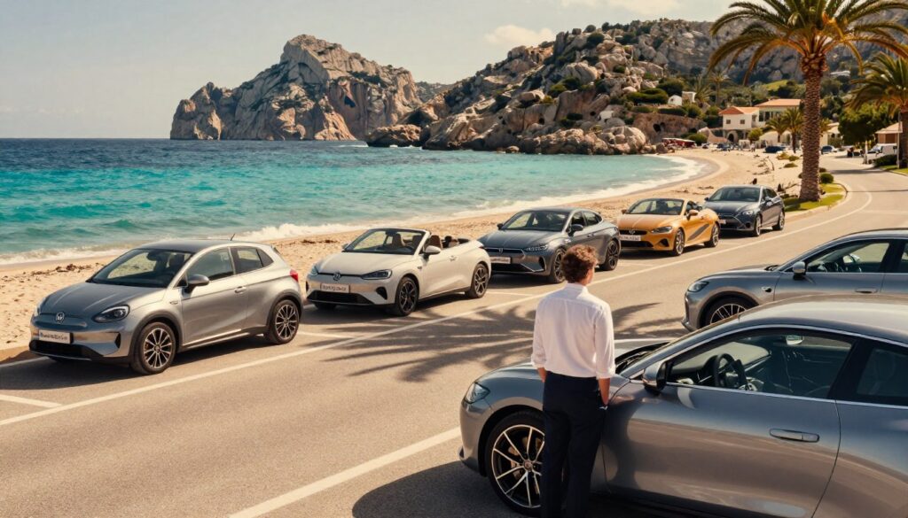 A scenic view of a beautiful Mallorca beach road showcasing an array of diverse car models from "Blackline Select Cars". In the foreground, a professional, modestly dressed individual examines a sleek, modern car, contemplating their options. The middle ground features a lineup of stylish vehicles, including a compact hatchback, a convertible, and a family SUV, each shimmering under the warm Mediterranean sun. In the background, the iconic turquoise sea and rocky cliffs of Mallorca create a stunning backdrop, capturing the island's unique charm. Soft sunlight bathes the scene, highlighting the glossy surfaces of the cars, while palm trees sway gently in the breeze, evoking a relaxed yet vibrant atmosphere. The angle is a slight low shot, enhancing the appeal of both the cars and the picturesque landscape. A scenic view of a beautiful Mallorca beach road showcasing an array of diverse car models from "Blackline Select Cars". In the foreground, a professional, modestly dressed individual examines a sleek, modern car, contemplating their options. The middle ground features a lineup of stylish vehicles, including a compact hatchback, a convertible, and a family SUV, each shimmering under the warm Mediterranean sun. In the background, the iconic turquoise sea and rocky cliffs of Mallorca create a stunning backdrop, capturing the island's unique charm. Soft sunlight bathes the scene, highlighting the glossy surfaces of the cars, while palm trees sway gently in the breeze, evoking a relaxed yet vibrant atmosphere. The angle is a slight low shot, enhancing the appeal of both the cars and the picturesque landscape.