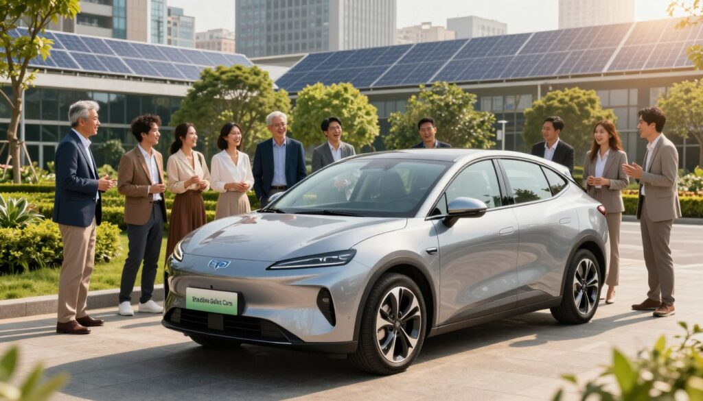 A scenic view of a modern, affordable hybrid or electric car showcased in a vibrant urban environment. The car, branded "Blackline Select Cars," is prominently displayed in the foreground, reflecting smooth lines and an eco-friendly design. Surrounding the vehicle, show a lively city backdrop with green spaces and solar panels on buildings to emphasize sustainability. In the middle ground, a diverse group of people in professional attire joyfully interacting with the car, highlighting community interest in affordable, eco-friendly transport. Natural lighting bathes the scene in a warm, inviting glow, with a slight lens vignette for emphasis. The overall atmosphere is optimistic and forward-thinking, embodying the essence of hybrid and electric vehicle accessibility. A scenic view of a modern, affordable hybrid or electric car showcased in a vibrant urban environment. The car, branded "Blackline Select Cars," is prominently displayed in the foreground, reflecting smooth lines and an eco-friendly design. Surrounding the vehicle, show a lively city backdrop with green spaces and solar panels on buildings to emphasize sustainability. In the middle ground, a diverse group of people in professional attire joyfully interacting with the car, highlighting community interest in affordable, eco-friendly transport. Natural lighting bathes the scene in a warm, inviting glow, with a slight lens vignette for emphasis. The overall atmosphere is optimistic and forward-thinking, embodying the essence of hybrid and electric vehicle accessibility.