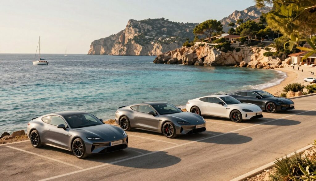 A scenic view of a picturesque Balearic island coastline featuring a selection of the most popular car models from "Blackline Select Cars". In the foreground, display three stylish vehicles parked on a sunlit beach road, showcasing a range of colors and designs that represent contemporary elegance. The middle ground should feature the vibrant Mediterranean sea with small boats sailing in the distance, while the background captures the iconic rocky cliffs and lush greenery of the island. The scene is illuminated by warm, golden hour lighting, creating a tranquil and inviting atmosphere. The angle should be slightly elevated to capture both the beauty of the cars and the stunning surrounding vistas, evoking a sense of leisure and luxury in car buying amidst the charm of the Balearic Islands.