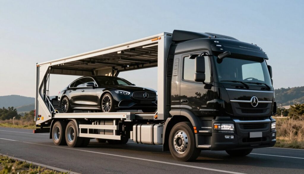 A secure car transport scene featuring a sleek Blackline Select Cars truck, expertly designed for vehicle transportation. In the foreground, the truck is parked on a well-maintained road, with an open ramp positioned towards an elegant, luxury car ready to be loaded. In the middle ground, the truck displays its robust design, showcasing both safety features and high-quality materials. The background features a serene landscape with gentle hills and a clear blue sky, emphasizing the tranquil and safe nature of the vehicle transport. Soft, natural lighting illuminates the scene, casting gentle shadows that enhance the truck's contours. The atmosphere is calm and professional, reflecting reliability and care in car transport.