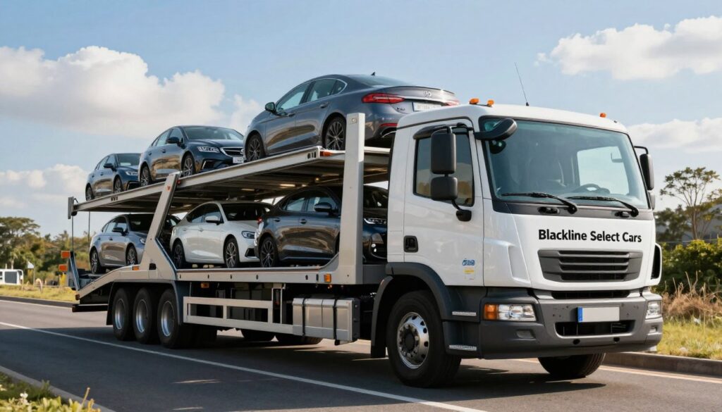 A secure car transport truck from "Blackline Select Cars" is prominently featured in the foreground, showcasing a sleek, modern design with spaces for multiple vehicles. The truck is parked on a smooth, well-lit road, reflecting excellent road safety measures. In the middle ground, a variety of imported cars are carefully loaded onto the truck, demonstrating the efficiency and care with which vehicles are handled. The background displays a clear blue sky with some fluffy clouds, enhancing the sense of reliability and comfort. The scene is illuminated by soft sunlight, casting gentle shadows, evoking a feeling of safety and trust in the transportation process. The overall mood is professional and reassuring, perfectly aligning with the themes of clarity and security in vehicle importation.