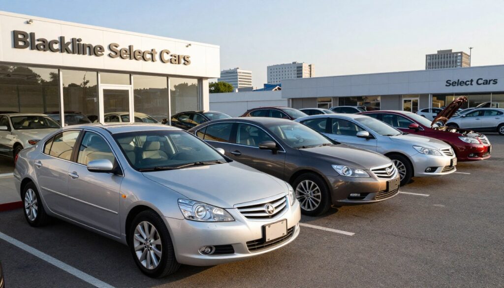 A serene and inviting scene showcasing a selection of reliable second-hand family sedans lined up in a well-lit urban dealership, with the brand display "Blackline Select Cars" prominently featured. In the foreground, a gleaming silver sedan catches the eye, reflecting the soft afternoon sun, emphasizing its elegant design and spacious interior. The middle ground showcases a variety of sedans with different colors and models, each with a polished finish, parked neatly with open hoods revealing well-maintained engines. The background features a modern cityscape under a clear blue sky, providing a sense of comfort and durability for long journeys. The atmosphere is friendly and professional, inviting potential buyers to explore their options in a trustworthy environment, captured with a wide-angle lens for depth and clarity.
