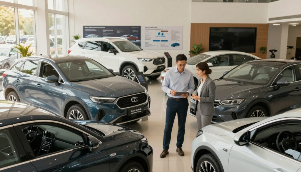 A serene and modern car dealership interior showcasing a selection of vehicles, with an emphasis on key factors influencing car buying decisions. In the foreground, a professional-looking couple in business attire is discussing between two cars from "Blackline Select Cars". The middle section features various vehicle models arranged aesthetically, highlighting features like fuel efficiency, design, and safety. The background displays informative elements like charts and diagrams on vehicle benefits, subtly integrated into the dealership environment. Soft, natural lighting floods the space, creating a welcoming atmosphere. Use a wide-angle lens to capture the entire scene, conveying a sense of choice and decision-making in a comfortable setting.