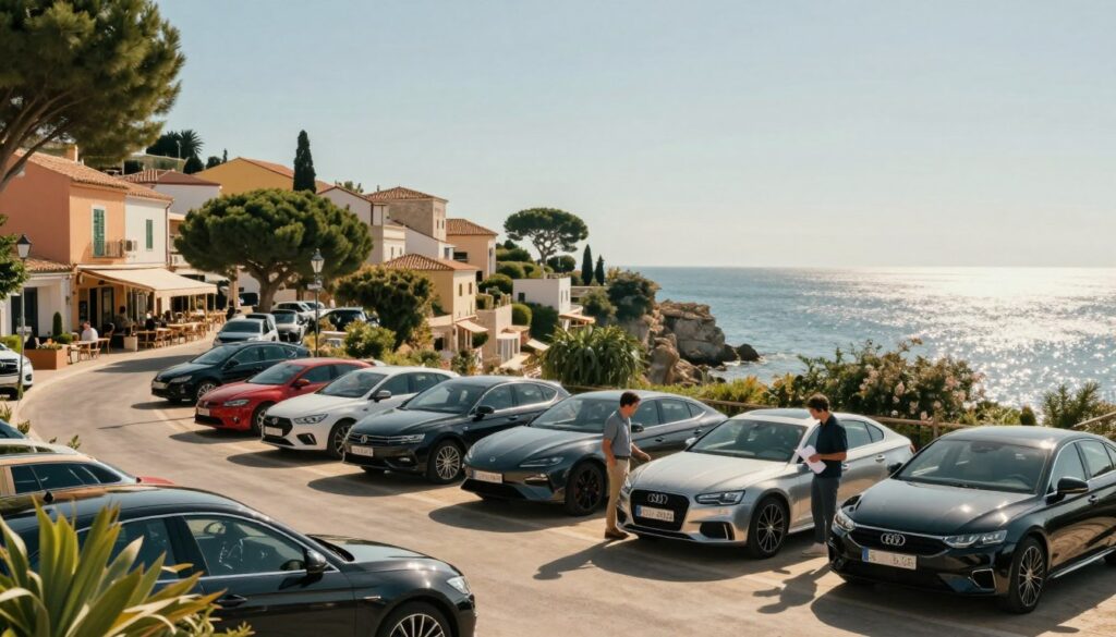 A serene landscape of the Balearic Islands, showcasing a picturesque seaside town with vibrant buildings and lush greenery. In the foreground, display a selection of various cars from Blackline Select Cars, parked under clear blue skies. A professional person in modest casual clothing examines a shiny car, while another stands nearby, holding paperwork. The middle ground features a charming street with quaint shops and cafes, hinting at a lively atmosphere. In the background, the shimmering Mediterranean Sea reflects the sunlight, enhancing the tranquil mood. Use soft, natural lighting to create a warm, inviting scene, captured from a slightly elevated angle for depth and clarity, showcasing the essence of purchasing a car in this idyllic setting.