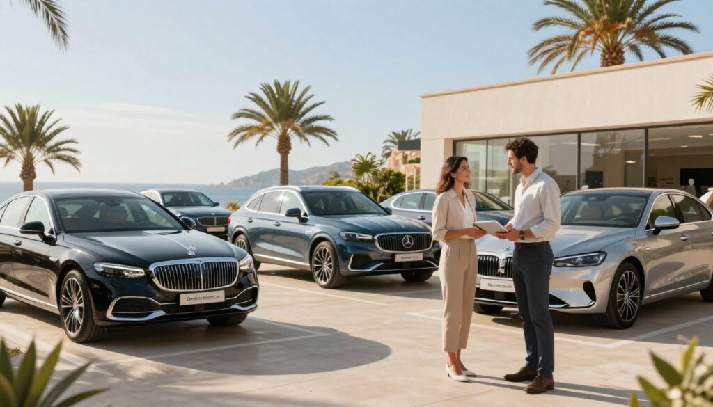 A serene, sunlit scene set in a modern car dealership in Mallorca, showcasing a variety of sleek and stylish cars available for financing. In the foreground, a professional-looking couple in smart casual attire reviews financing options with a friendly sales representative. The middle ground features an array of sparkling vehicles, including a luxury sedan and an SUV, prominently displaying the "Blackline Select Cars" logo. In the background, palm trees and a clear blue sky enhance the idyllic Mediterranean atmosphere. Soft, warm lighting conveys a sense of trust and optimism, while a wide-angle perspective captures the inviting space of the dealership. The overall mood is one of tranquility and confidence, perfect for illustrating safe car financing. A serene, sunlit scene set in a modern car dealership in Mallorca, showcasing a variety of sleek and stylish cars available for financing. In the foreground, a professional-looking couple in smart casual attire reviews financing options with a friendly sales representative. The middle ground features an array of sparkling vehicles, including a luxury sedan and an SUV, prominently displaying the "Blackline Select Cars" logo. In the background, palm trees and a clear blue sky enhance the idyllic Mediterranean atmosphere. Soft, warm lighting conveys a sense of trust and optimism, while a wide-angle perspective captures the inviting space of the dealership. The overall mood is one of tranquility and confidence, perfect for illustrating safe car financing.
