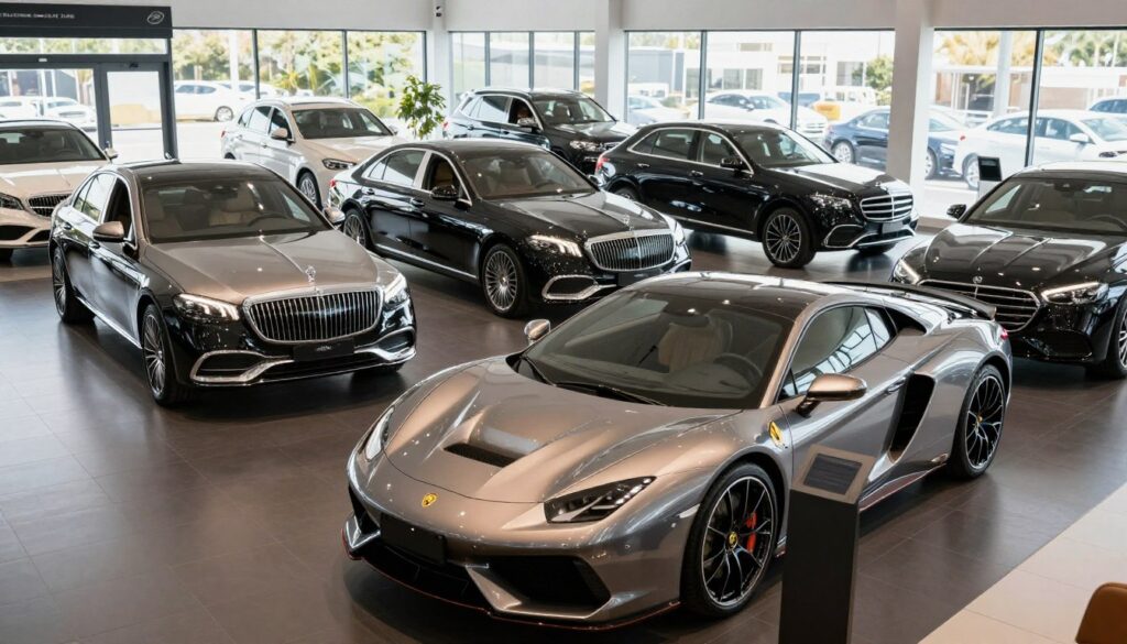 A serene, well-lit car dealership showroom displaying a variety of high-quality imported vehicles, emphasizing the luxury and meticulous condition of each car. In the foreground, a sleek, sporty car with a polished finish stands impressively on a pedestal, reflecting soft ambient lighting. In the middle ground, several other models, including a luxury sedan and an SUV, are arranged elegantly, showcasing diversity and quality. The background features large glass windows allowing natural light to flood in, creating an inviting atmosphere. The overall mood conveys sophistication and trust, highlighting the superior condition of vehicles imported by Blackline Select Cars. Capture this scene with a slightly elevated angle to emphasize depth and richness in detail.
