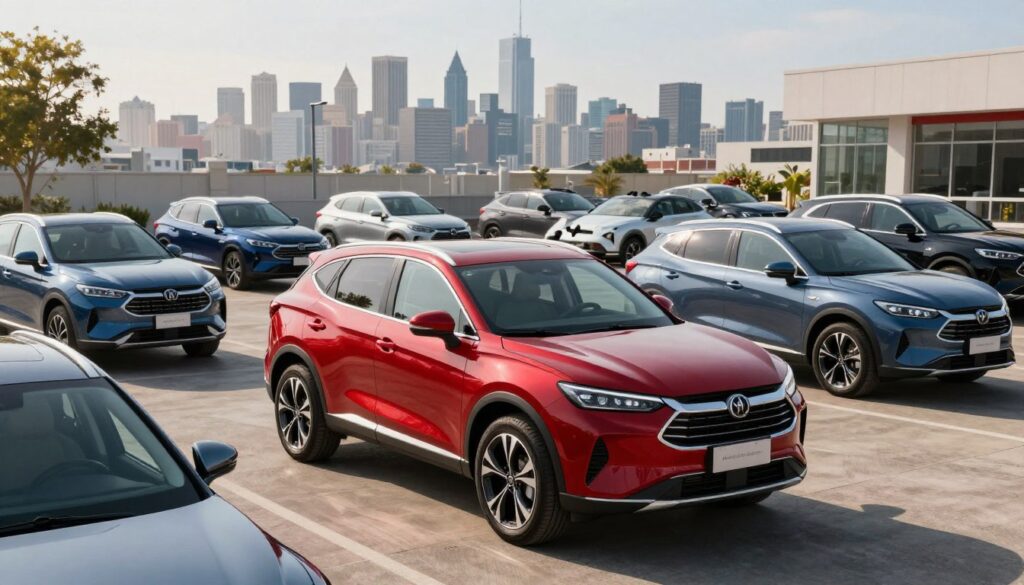 A sleek and dynamic scene featuring a collection of compact SUVs that exemplify excellent value for price. In the foreground, a vibrant red SUV stands prominently, showcasing modern design with a polished exterior and sporty details. Surrounding it, various models in shades of blue, silver, and black create a visually appealing comparison. The middle features a bustling urban environment, with a sunny backdrop highlighting a city skyline, suggesting adventure and versatility. Soft, natural lighting casts gentle reflections on the cars’ surfaces, enhancing their colors. The atmosphere is energetic yet professional, evoking a sense of trust and excitement in car shopping. Include the logo of Blackline Select Cars subtly placed in the scene to tie in the theme. A sleek and dynamic scene featuring a collection of compact SUVs that exemplify excellent value for price. In the foreground, a vibrant red SUV stands prominently, showcasing modern design with a polished exterior and sporty details. Surrounding it, various models in shades of blue, silver, and black create a visually appealing comparison. The middle features a bustling urban environment, with a sunny backdrop highlighting a city skyline, suggesting adventure and versatility. Soft, natural lighting casts gentle reflections on the cars’ surfaces, enhancing their colors. The atmosphere is energetic yet professional, evoking a sense of trust and excitement in car shopping. Include the logo of Blackline Select Cars subtly placed in the scene to tie in the theme.