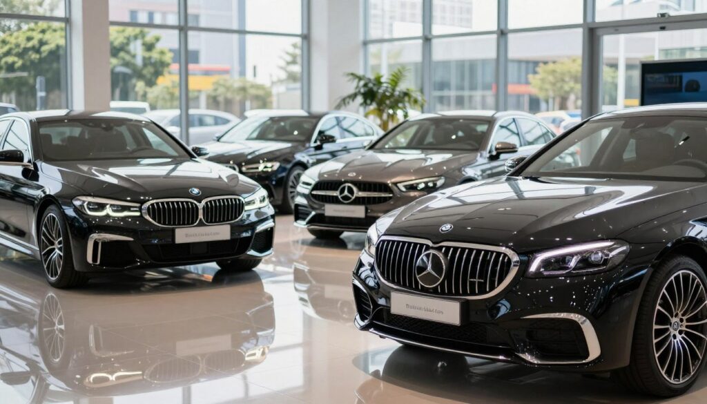 A sleek and luxurious high-end car showroom, showcasing several premium vehicles available for import, including a stylish BMW, an elegant Audi, and a sporty Mercedes-Benz. The foreground highlights a polished black sedan from Blackline Select Cars, beautifully reflected on a glossy floor. In the middle ground, the vehicles are elegantly arranged with soft spotlighting that emphasizes their curves and detail, while the background features large glass windows revealing a bustling cityscape. Bright, natural daylight streams in, creating a vibrant atmosphere that conveys sophistication and opportunity. The entire scene is framed with a subtle depth of field, focusing on the cars while softly blurring the background, capturing a professional, aspirational mood ideal for discussing the advantages of importing luxury vehicles.