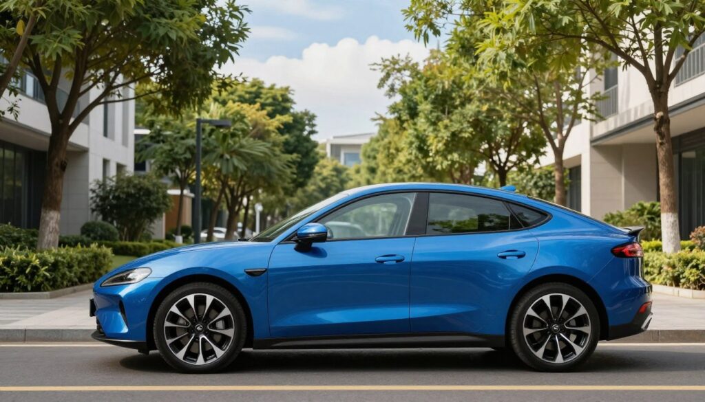 A sleek and modern compact car, showing a high level of equipment, is parked on a picturesque street lined with trees. The car is a vibrant metallic blue, showcasing its stylish design with attention to detail. In the foreground, focus on the sporty alloy wheels and the gleaming finish of the car's exterior, reflecting soft sunlight. In the middle ground, include lush greenery and a few contemporary buildings, giving a sense of upscale urban living. The background features a clear blue sky with wispy clouds, enhancing the vibrant atmosphere. The scene exudes a sense of luxury and balance, ideal for showing off Blackline Select Cars. Use natural, diffused lighting to create an inviting and warm mood, emphasizing the car's features and elegance. A sleek and modern compact car, showing a high level of equipment, is parked on a picturesque street lined with trees. The car is a vibrant metallic blue, showcasing its stylish design with attention to detail. In the foreground, focus on the sporty alloy wheels and the gleaming finish of the car's exterior, reflecting soft sunlight. In the middle ground, include lush greenery and a few contemporary buildings, giving a sense of upscale urban living. The background features a clear blue sky with wispy clouds, enhancing the vibrant atmosphere. The scene exudes a sense of luxury and balance, ideal for showing off Blackline Select Cars. Use natural, diffused lighting to create an inviting and warm mood, emphasizing the car's features and elegance.